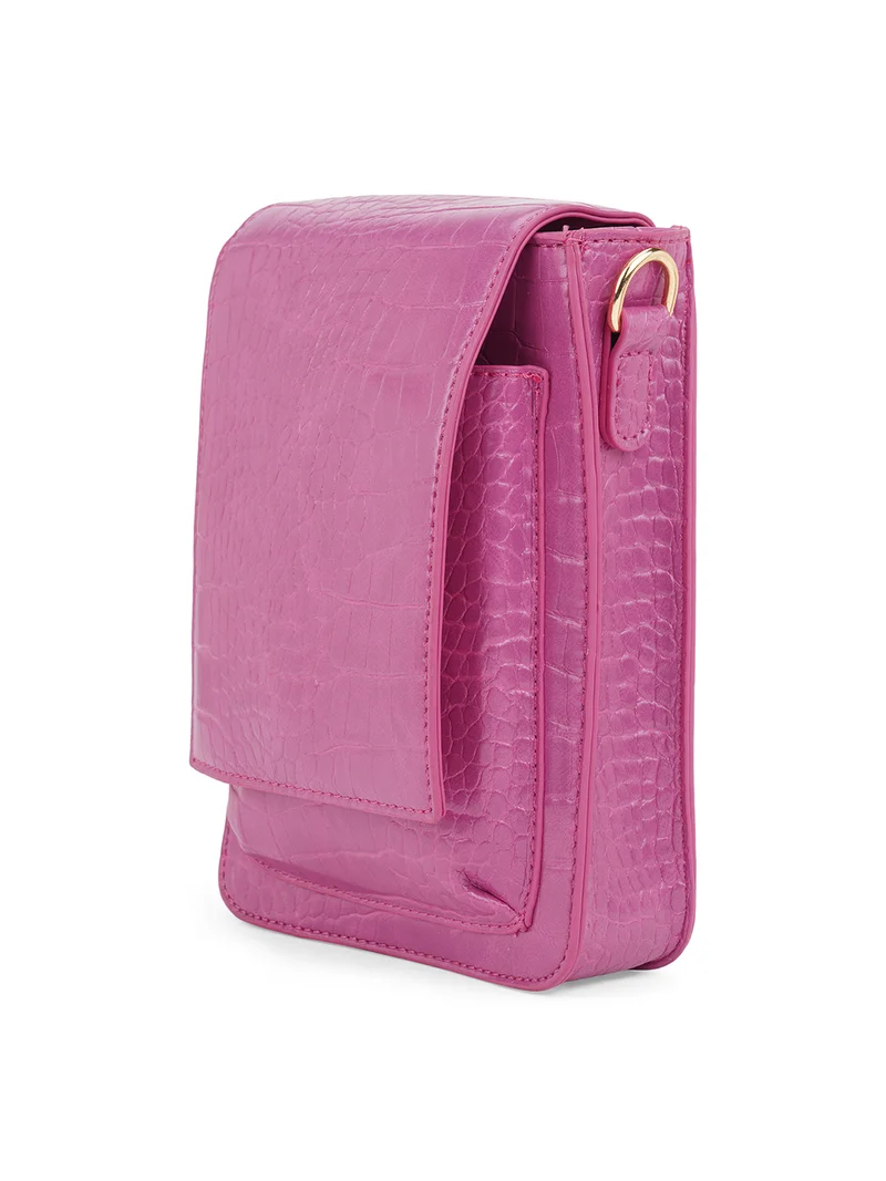 جلو باص حقيبة نسائية وردية صغيرة مستطيلة بتأثير حيواني مع حزام قابل للفصل